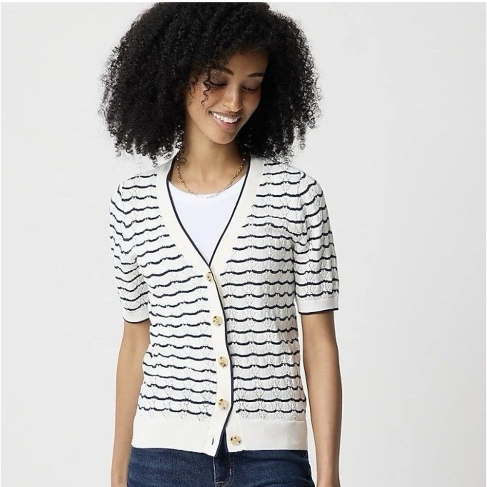 J Crew Short-sleeve pointelle V-neck‎ cardigan sweater XL Preppy $89